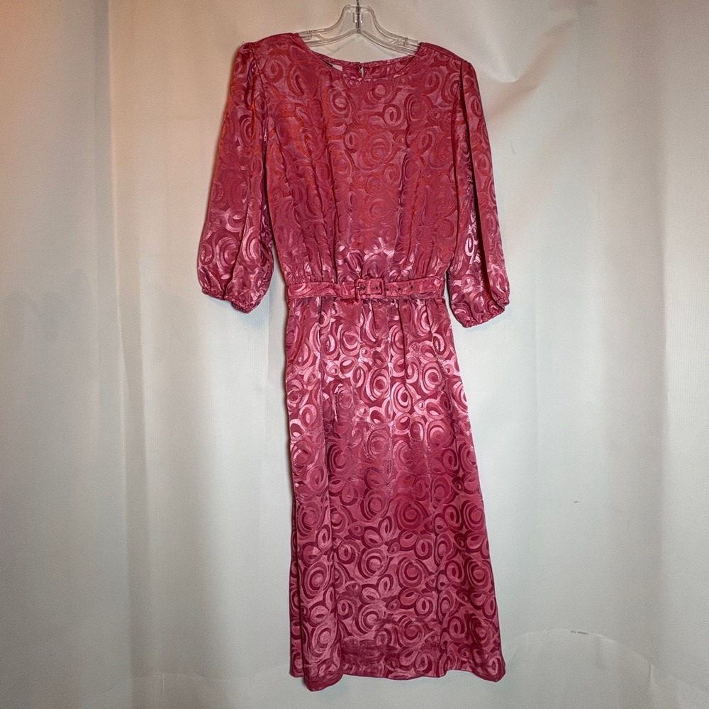 Vintage 70s 80s Blair Rose Quartz Pink Jacquard Belted Midi Dress Womens Size 14